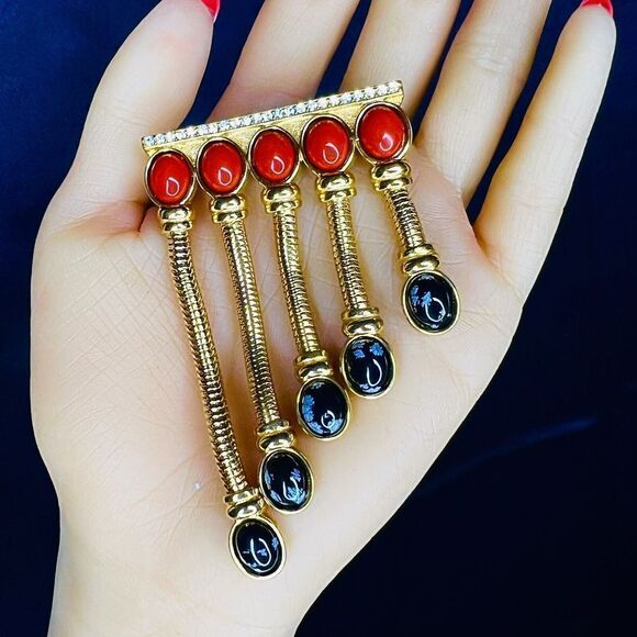 Vintage Huge Dangle Brooch Black Rusty Red Cabochon Stones Gold Tone OOAK 4241 - Picture 8 of 12